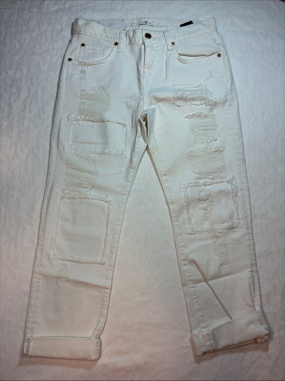 7 For All Mankind White Distressed Ankle Crop Jeans